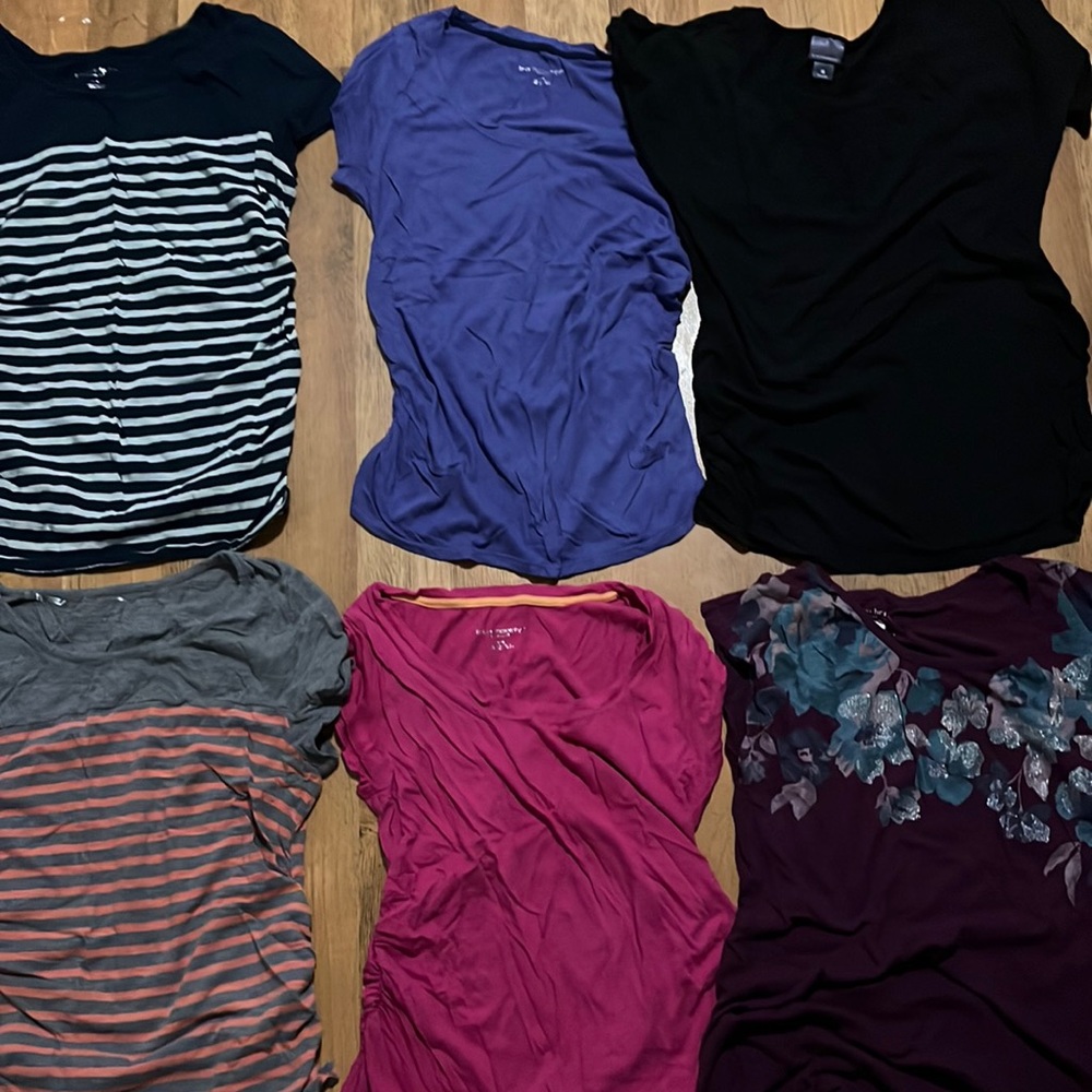 Maternity t-shirts.  Coral & grey striped shirt is a Large but all fit the same.